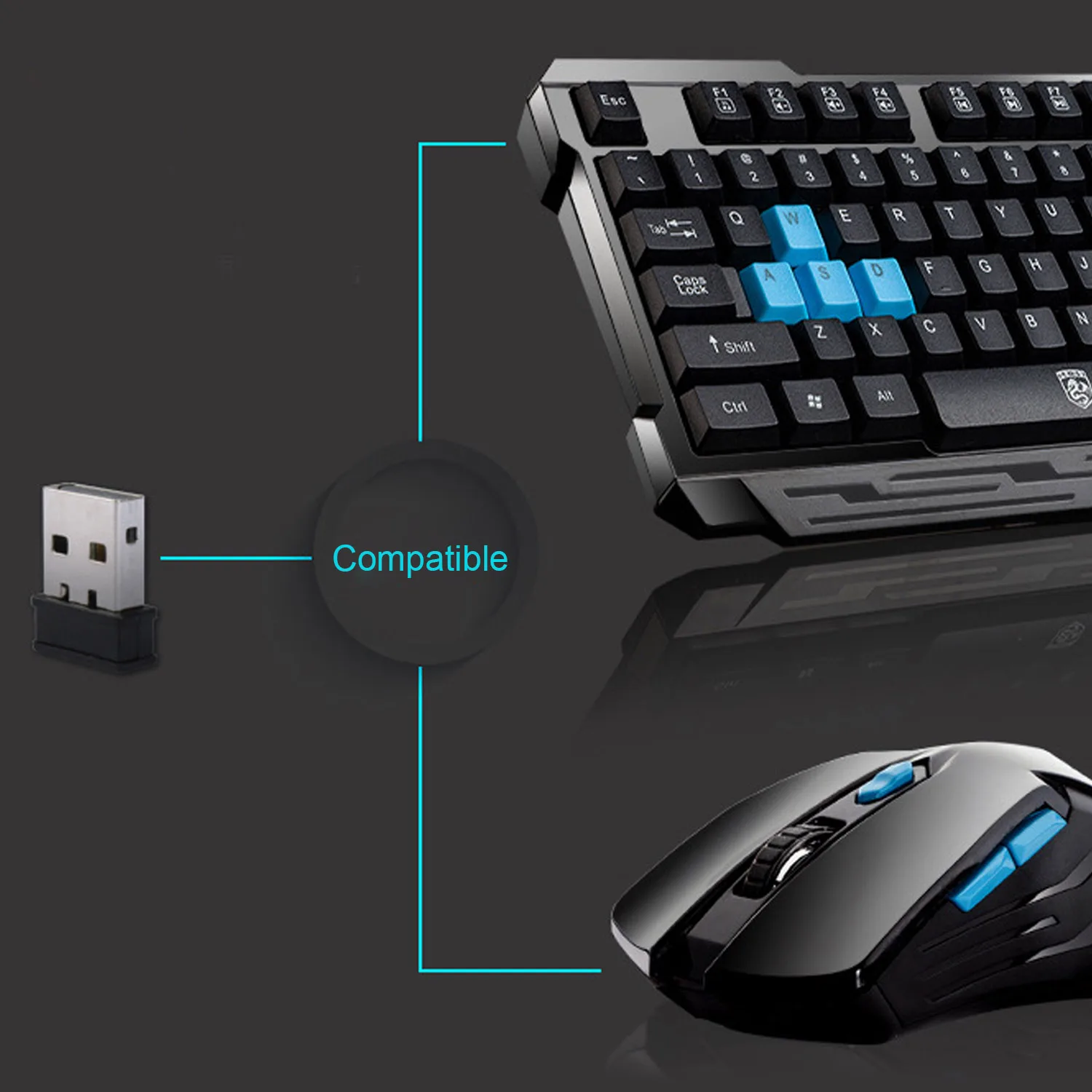 Vococal-Juego de teclado y ratón para Gaming, juego de ratón inalámbrico de 2,4G, para ordenador portátil, PC, para el hogar, oficina, estudio, Gamer, color negro