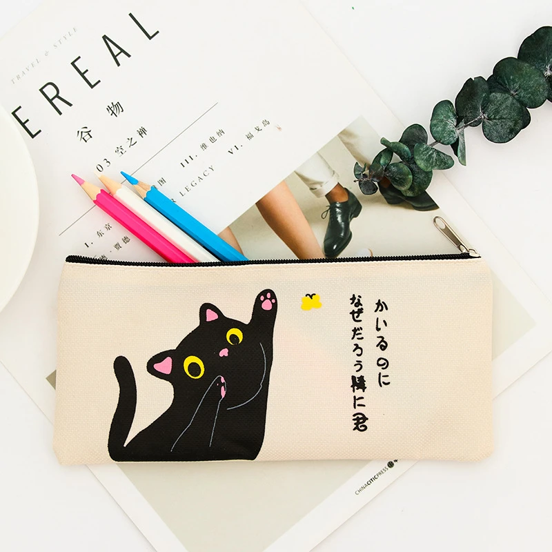 DL Simple Cat cartoon creative canvas bag female student bulk zippered pencil case pencil bag wholesale Stationery office statio