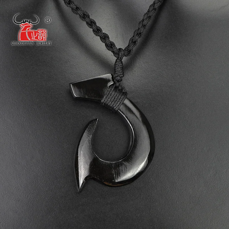 1PC Hawaii Surfer Jewelry Handmade Carved buffalo horn  Fish Hook Pendant New Zealand Maori Tribal Choker WoMen\'s Men\'s Necklace