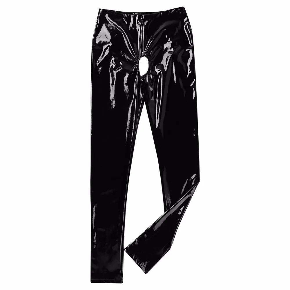 Sexy Womens Wetlook Patent Leather Latex Pants Sexy Open Crotch Butt Pencil Leggings Pants Clubwear Hot Skinny Stretchy Trousers