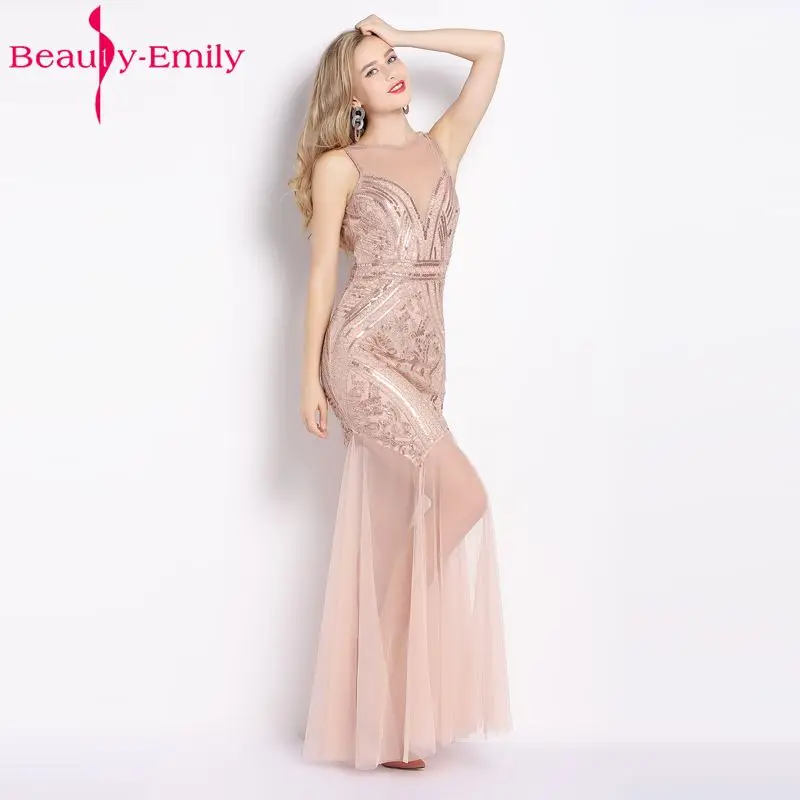 

Beauty Emily Elegant Sequined Beading Mermaid Evening Dress 2019 Long Sleeveless Illusion Formal Party Dress Robe De Soiree