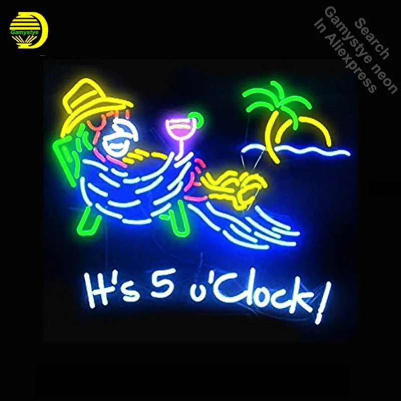 

It's 5 O'clock Somewhere Parrot Neon Sign Neon Bulbs Room Recreation Real Glass Tube Handcraft Super Bright Affiche indoor 24x20