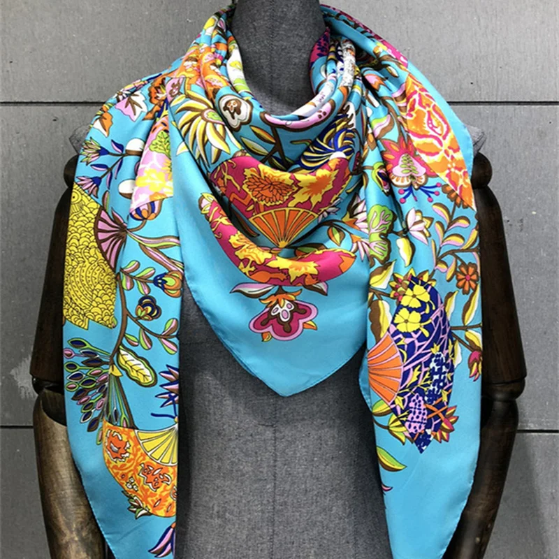 New  woman Fashion silk Scarf flowers Pattern Printing 130 Square scarf Decoration Headdress Gift headscarf high quality Shawl