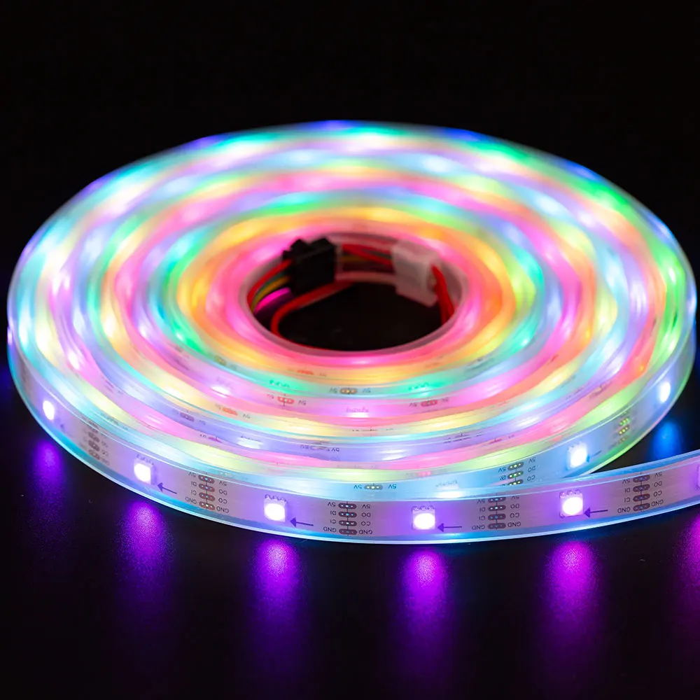 Imagem -04 - Rgb Led Strip Semelhante Apa102 Rápido Relógio de Dados 30 60 144 Leds Pixels m Endereçável Individual Ip30 65 67 Dc5v 1m 5m Sk9822