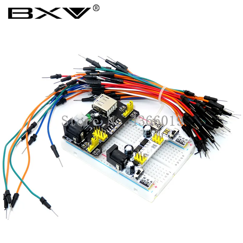 3.3V/5V MB102 Breadboard power module+400 holes points Solderless Prototype Bread board kit +65 Flexible jumper wires