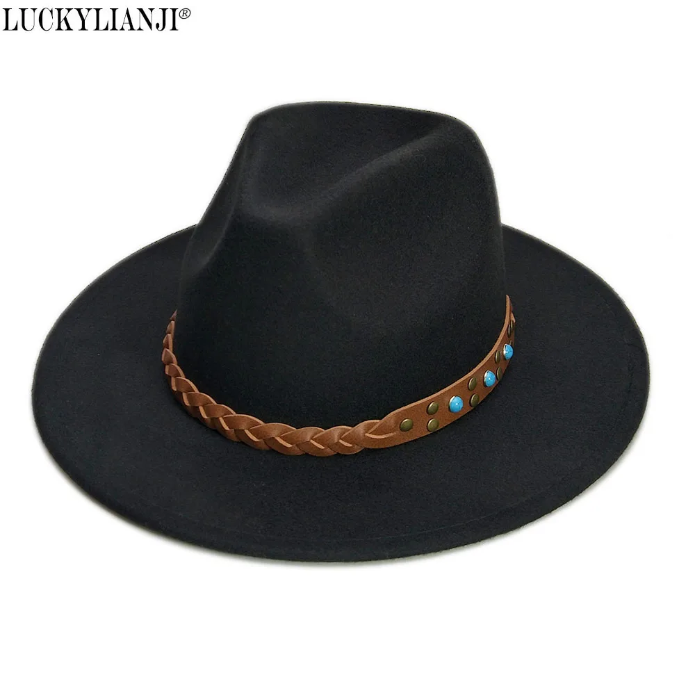 LUCKYLIANJI Retro Wool Felt  Women Men Solid Color Panama Fedora Bowler Hat Gangster Turquoise Belt Cap (Size:57cm,Adjust Rope)