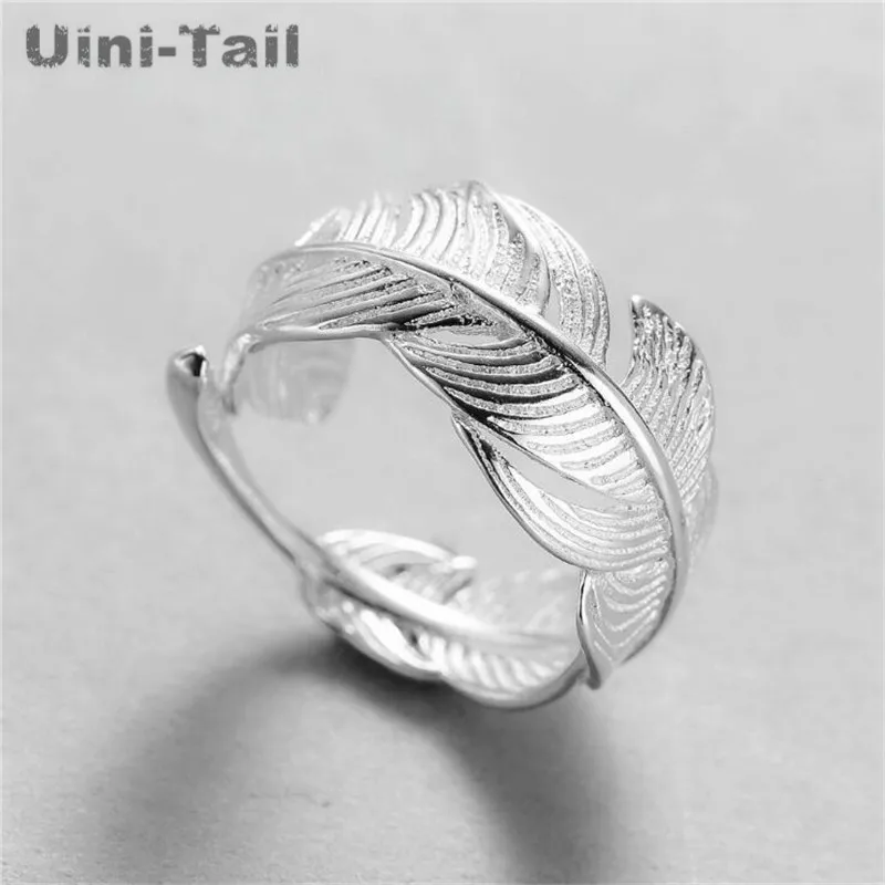 Uini-Tail 2018 hot new 925 Tibetan silver open feather ring adjustable size girl jewelry fashion tide flow high quality jewelry