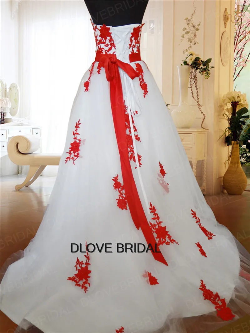 DLOVE เจ้าสาวสีแดงแต่งงานลูกไม้สีขาวที่ไม่มีสายหนัง Sweetheart Vestido De Noiva ชุดเจ้าสาว Real Photo