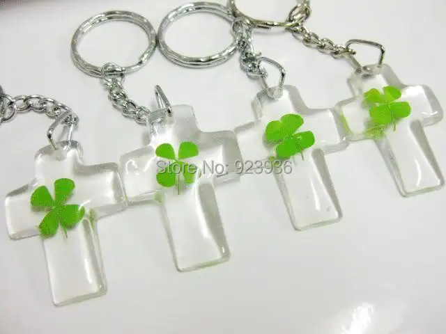 wholesale 25 pcs fashion clover lucky four leaf clover clear cross style key-chains