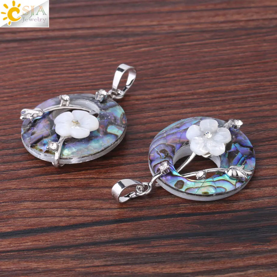 CSJA Colorful Natural Abalone Shell Pendants Necklaces White Pink Round Gems Beads Flower Zircon Women Charms Jewelry F873