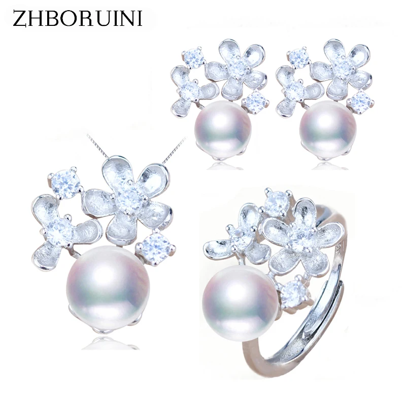 ZHBORUINI Fashion Pearl Jewelry Set Natural Freshwater Pearl Flower Ring Necklace Earrings 925 Sterling Silver Jewelry For Women