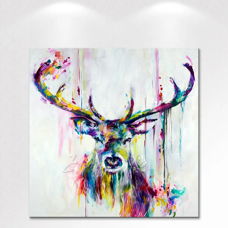 

Canvas handmade Animal deer colourful Oil Painting Wall Art Picture for living room wall decoration