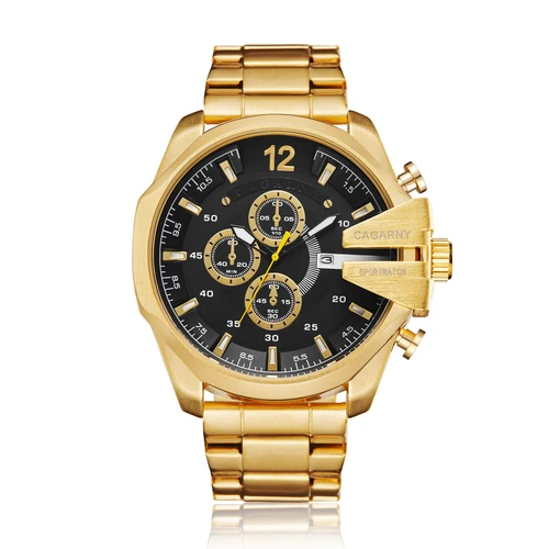 Reloj de cuarzo dorado de acero inoxidable para hombre, relojes de pulsera militares resistentes al agua para hombre, marca de lujo, reloj informal Cagarny para hombre