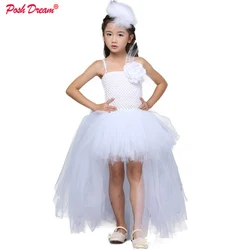 POSH DREAM White Baptism Toddler Baby Girls Clothes White Flower Kids Children Baptism Party Tutu Dresses Girls Birthday Dresses