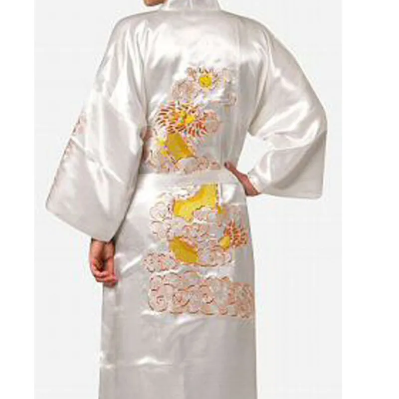 Navy Blue Chinese Men\'s Satin Silk Robe Embroidery Kimono Bath Gown Dragon Size S M L XL XXL XXXL S0008