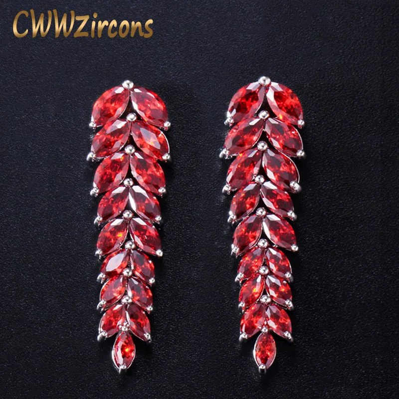 CWWZircons High Quality Cubic Zirconia Party Jewelry White Gold Color Long Dark Red Dangling Earring for Women Wedding CZ260