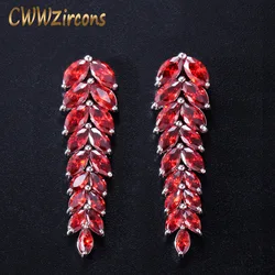 CWWZircons High Quality Cubic Zirconia Party Jewelry White Gold Color Long Dark Red Dangling Earring for Women Wedding CZ260