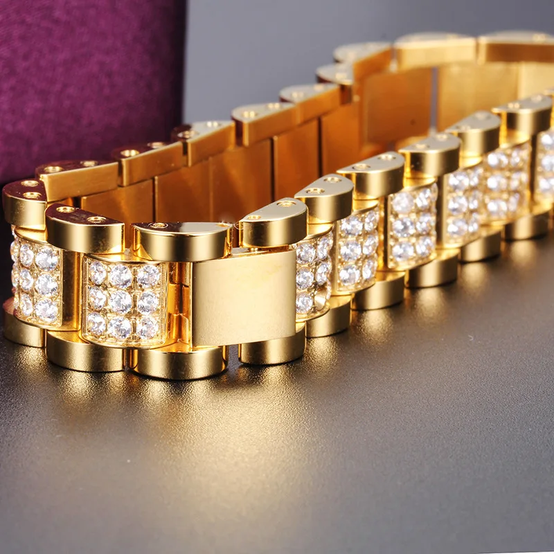 Micro Paved AAA Cubic Zirconia Bling Iced Out Stainless Steel Watch Band Link Chain Bracelet Men Hip Hop Rapper Jewelry