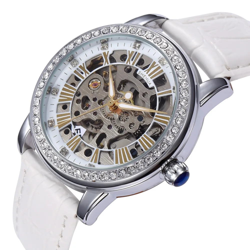 2021 New Women Skeleton Automatic Self-Wind Watch Women Dress Watches Rhinestone Mechanical Watch Girl\'s Gift Relogio Feminino
