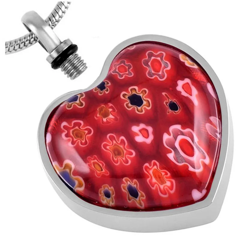 IJD8470 Cheap Stainless Steel Murano Glass Flower Love Heart Urn Pendant Memorial Necklace Cremation Jewelry by Memory House