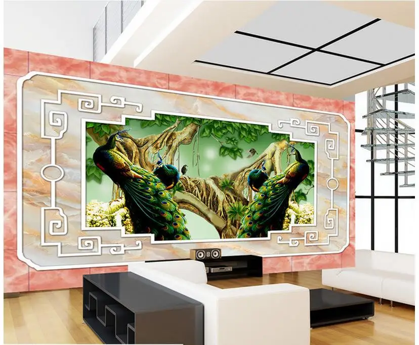 Marble border woods Peacock TV background wall decoration painting living 3d wallpaper Home Decoration