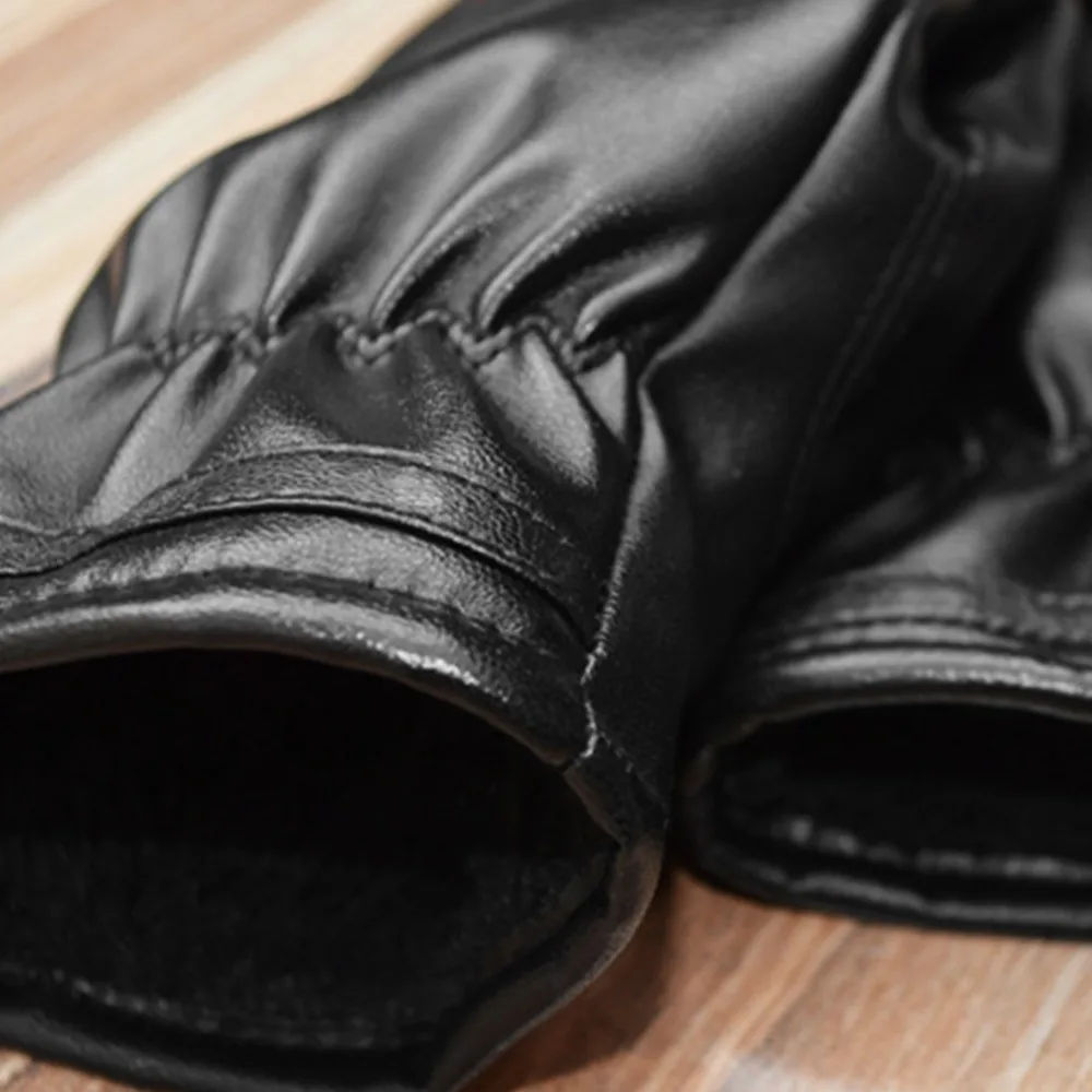 Herren Faux Leder Winter Handschuhe Gefüttert Warm Verdicken Geraffte Handgelenk Hand Wärmer Weiche