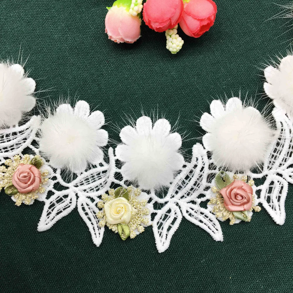 

2 Yard Cotton 3D Pompom Lace Rose Flower Embroidered Lace Trim Ribbon Fabric Wedding Dress Applique Sewing Craft For Costume Hat