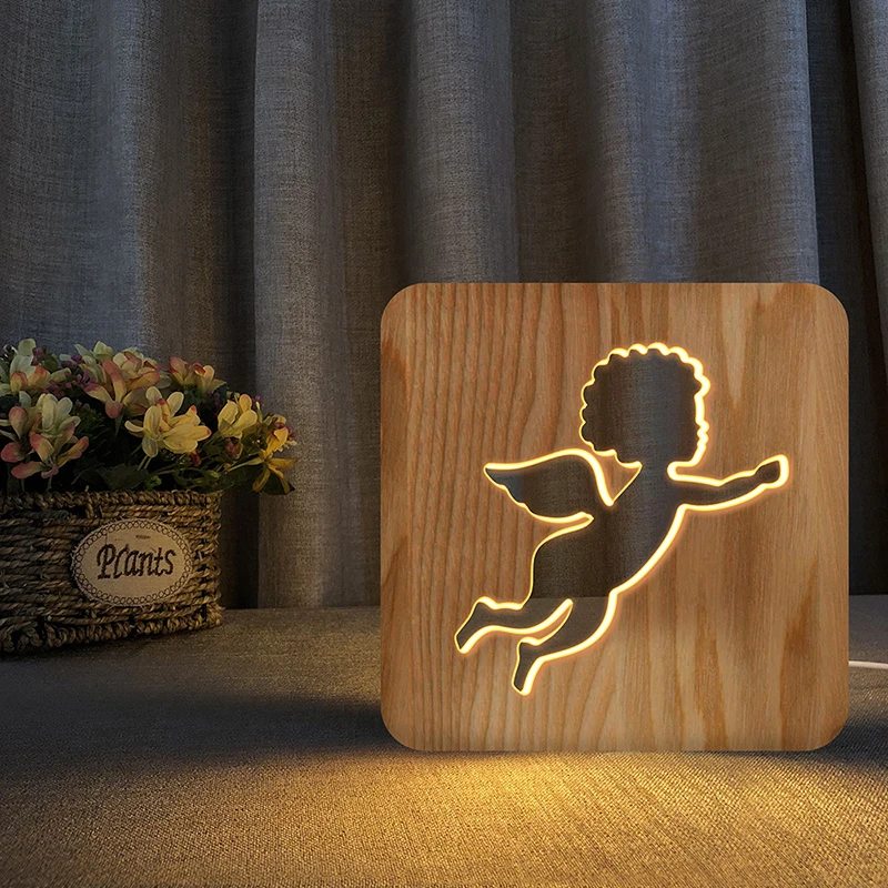 

3D Wood Night Light god of love angel design For Bedroom Lamp Baby Sleep Night Light Kids Gifts USB powered led Mood Light Decor