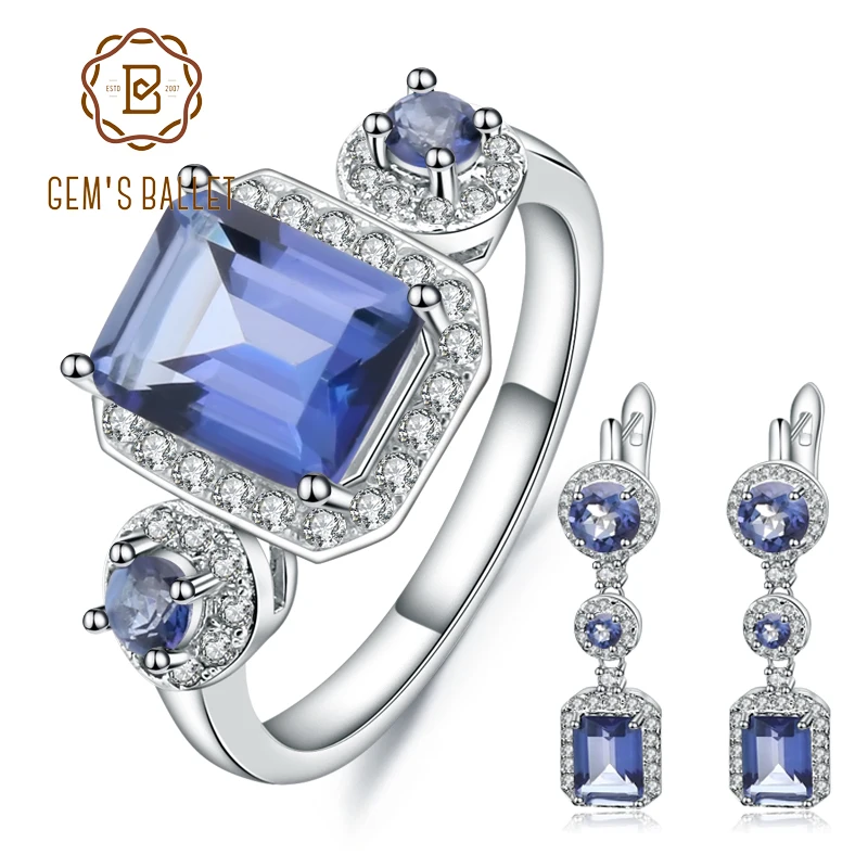 GEM'S BALLET Natural Iolite Blue Mystic Quartz Jewelry Sets Pure 925 Sterling Silver Fashion Earrings Ring Set For Women Wedding