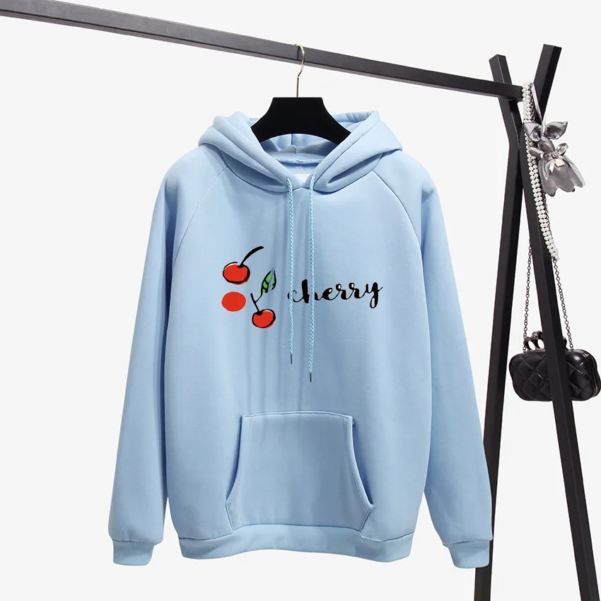 Zuolunouba Winter Clothes Fashion Cherries Print Harajuku Sweater Women Thicken Long Sleeve Double Layer Cap Pullover Femme Coat