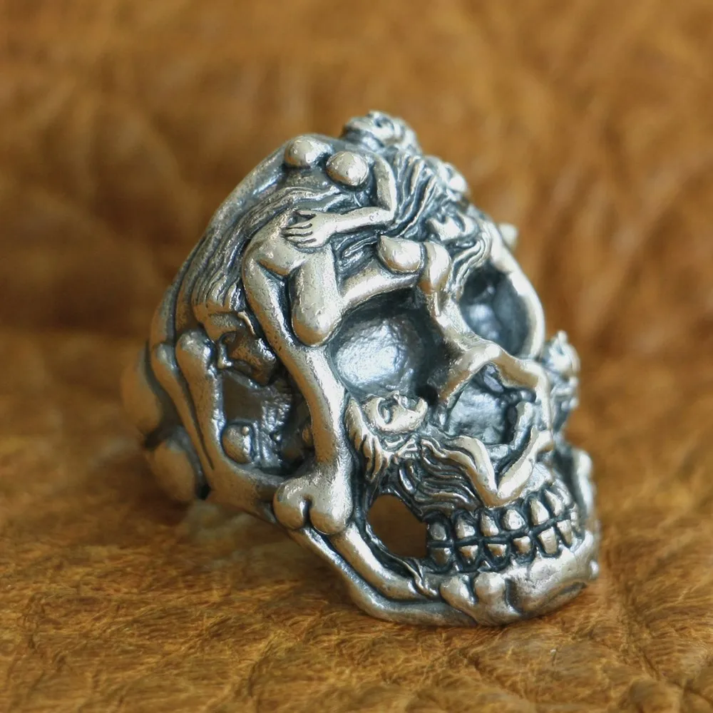 925 Sterling Silver Sexy Naked Grils Skull Ring Biker Punk Jewelry TA122 US Size 7~15