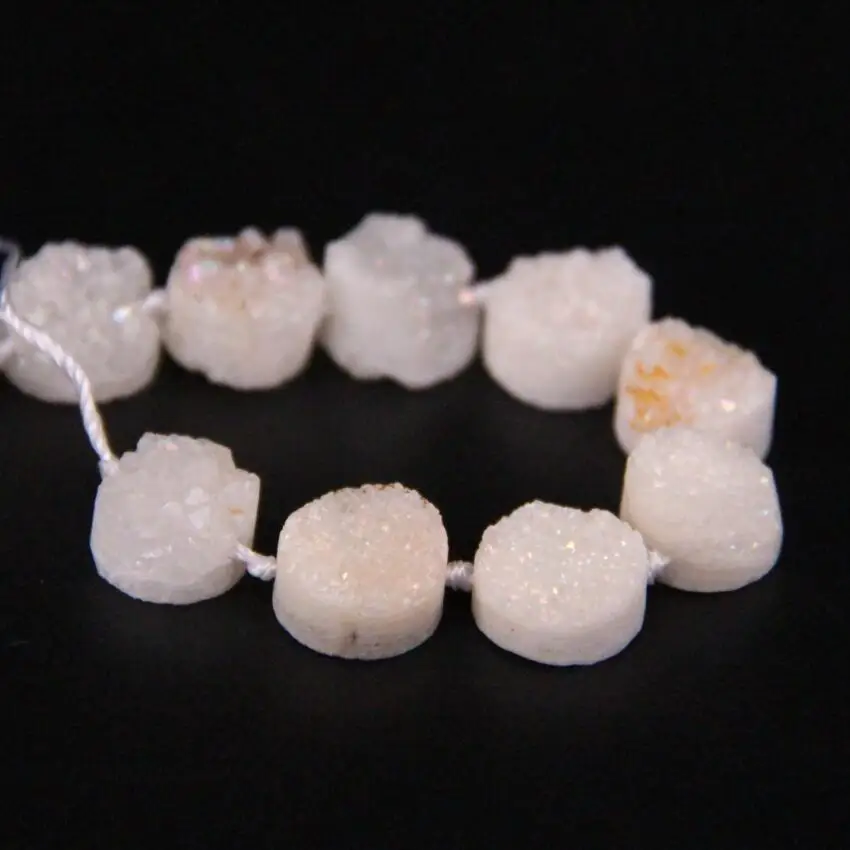 16PCS/strand White AB Titanium Quartz Geode Drusy Flat Round Cabochons Beads,Roug Agates Crystal Druzy Coin Slab Nugget Pendants