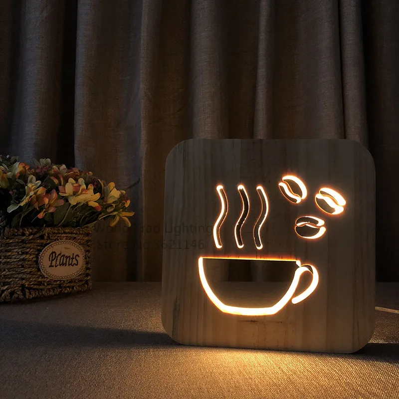 

Creative LED Wood Night Light a cup of coffee tea Style Luminaria Fashion Lamp For coffee shop restaurant dining room Decoration