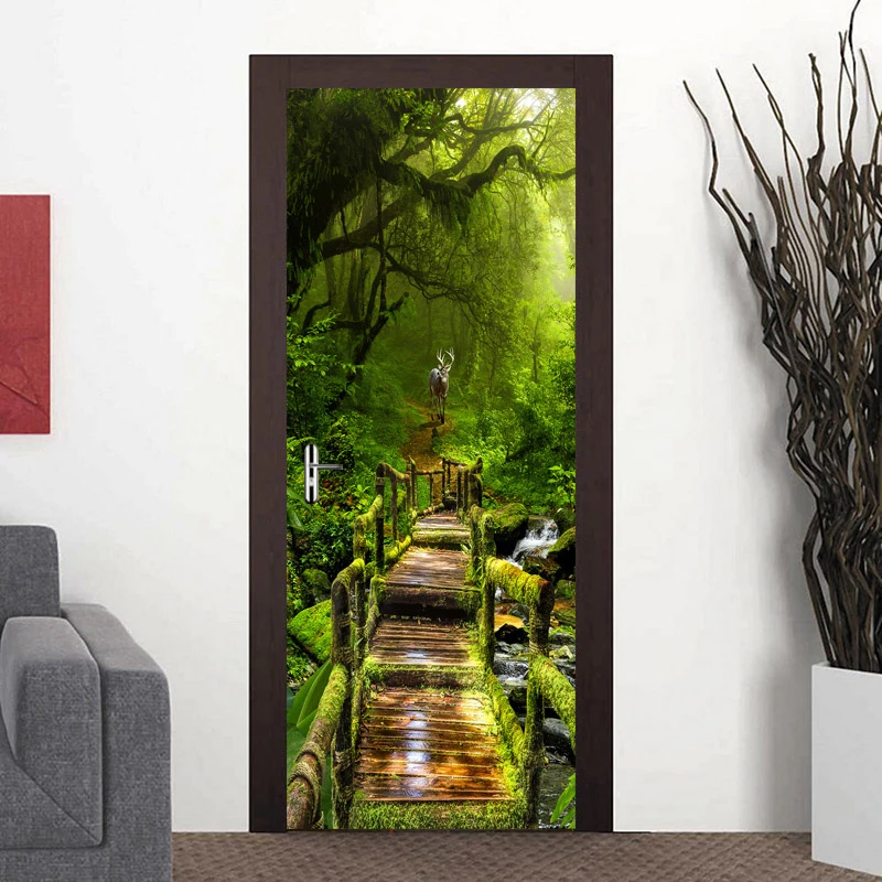 Forest Door Sticker Wall Mural 3D Photo Wallpaper For Living Room DIY Door Stickers PVC Vinyl Door Wallpaper Home Decoration 3D