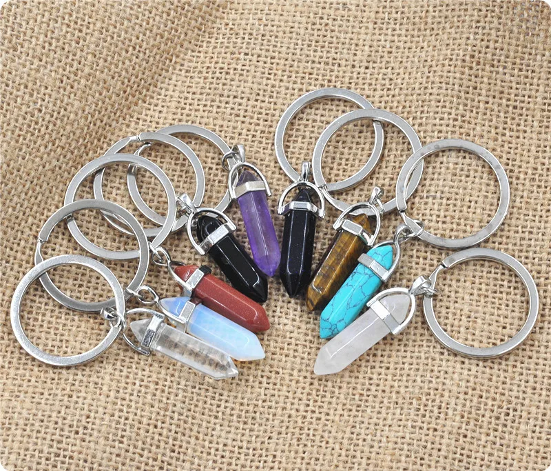1 PC Fashion Natural Stone Pendant Keychain Natural Quartz Stone Key Rings Pink Crystal Key Chains Accessories Jewelry Gift