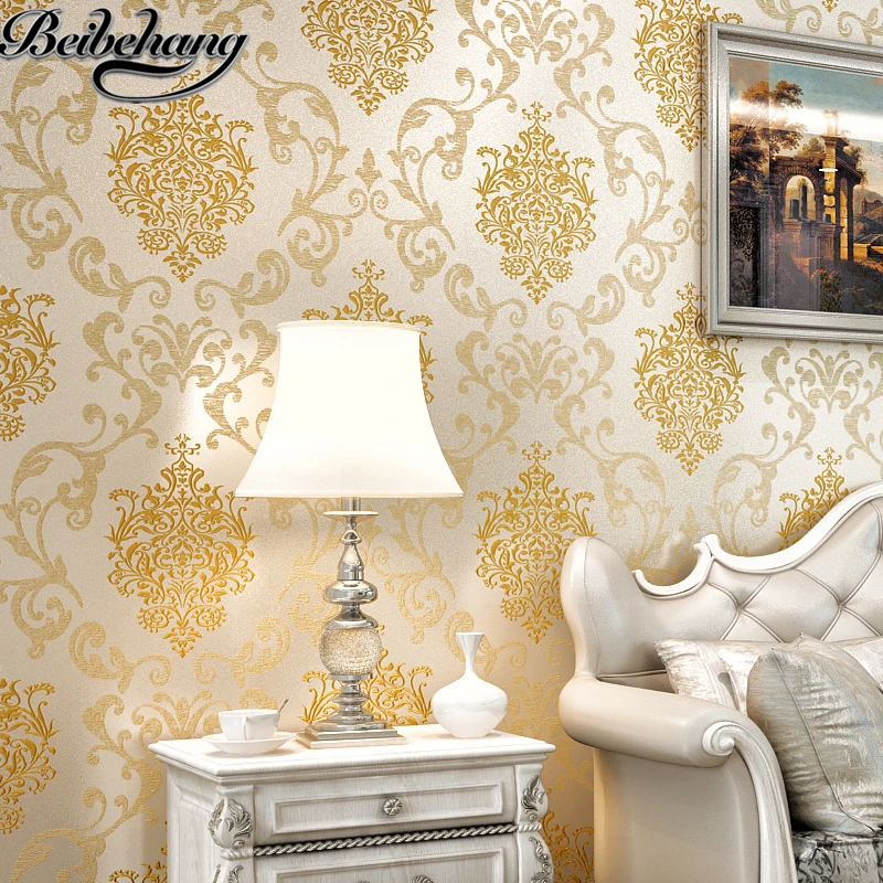 

beibehang European non-woven wallpaper wall living room TV backdrop embossed three-dimensional sprinkle gold wallpaper Damascus