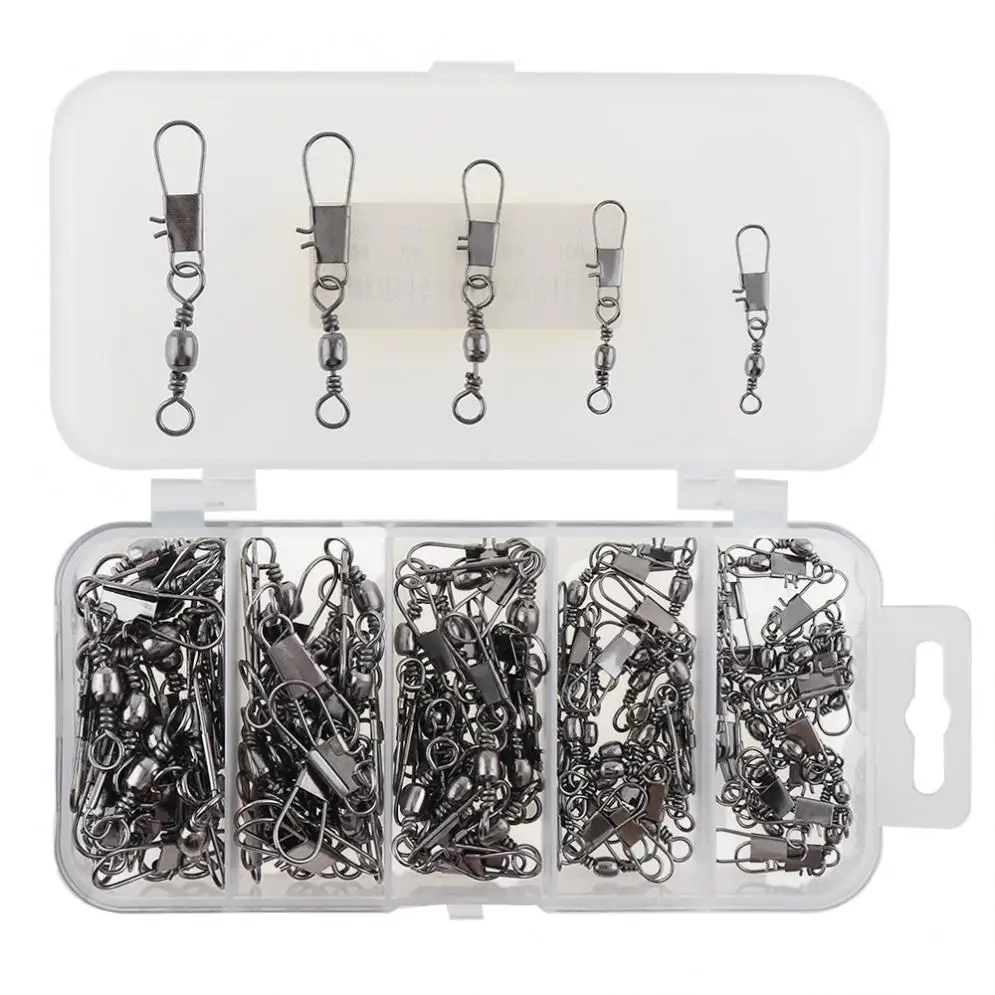 100pcs/lot Stainless Steel Fishing Swivel Snap Ball Bearing Lock Rolling Swivel Connector 5 Size Mixed with Box