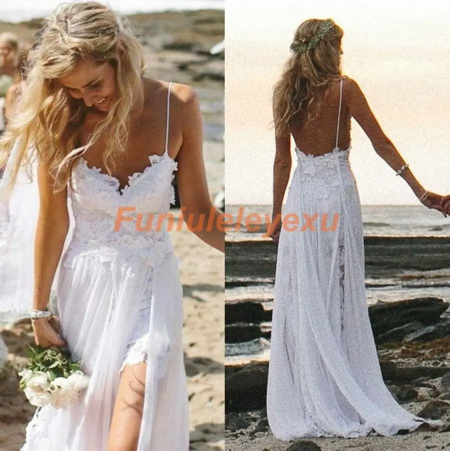 Sexy novo espaguete sem costas praia vestidos de casamento verão alta baixa renda chiffon vestidos de noiva branco marfim tamanho 2 4 6 8 10 12 14 16