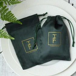 100pcs Flannel Drawstring Gift Bags Green Velvet Jewelry Packaging Pouches Custom Logo Name Wedding Party Candy Sack Favor Bags