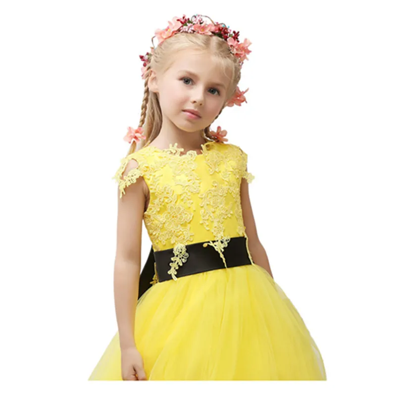 Bloem Meisje Jurk Geel Lace Tulle Eerste Communie Jurken Voor Meisjes Gezwollen Optocht Jurk Baljurk Kids Prom Dress