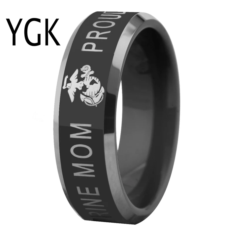 

YGK Jewelry Proud MARINE MOM Design Black With Shiny Bevel Tungsten Ring Classic Men's Wedding Engagement Anniversary Gift Ring