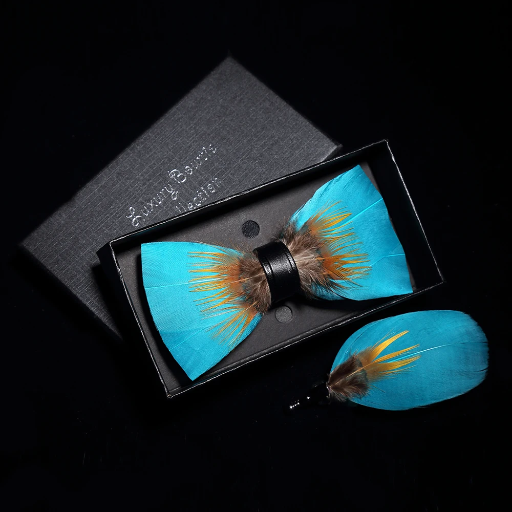 JEMYGINS original solid color feather bow tie brooch set Man Wedding Gift Fashion Handmade Leather Bow Ties Pin Gift Box Set