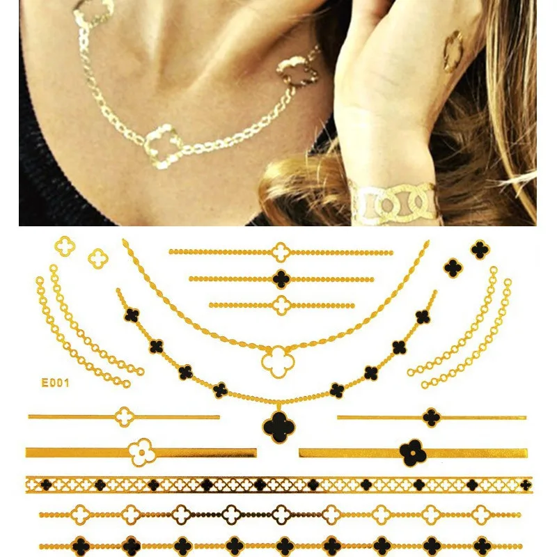 Temporary flash tattoo Beauty women flash metalic fake gold silver tattoos Body Art chain gold Tattoo Jewelry stickers necklace