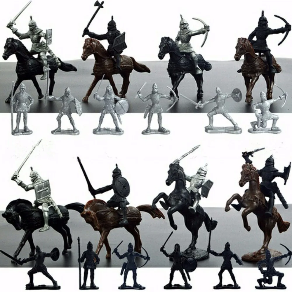 28ピース/ロット中世騎士戦士馬子供のおもちゃ兵士cavalriesと馬フィギュアモデルプレイセットで再生砂城