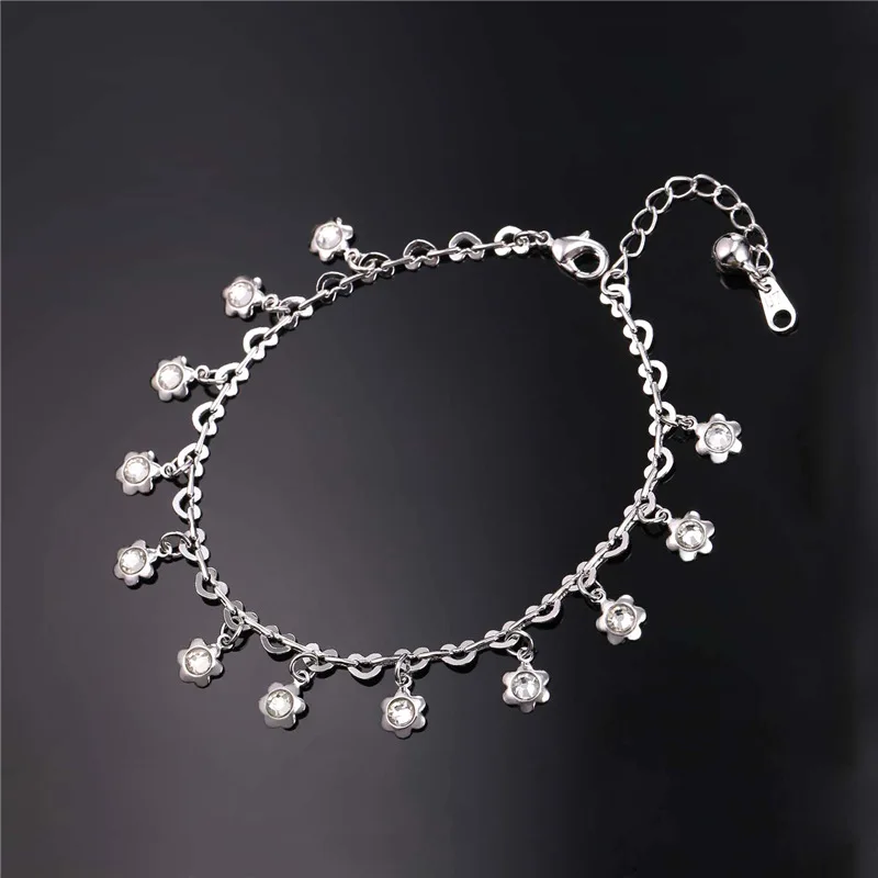 U7 White Crystal Sunflower Flower Anklet Bracelet Foot Jewelry Rhinestone Long Bracelet For Women A323