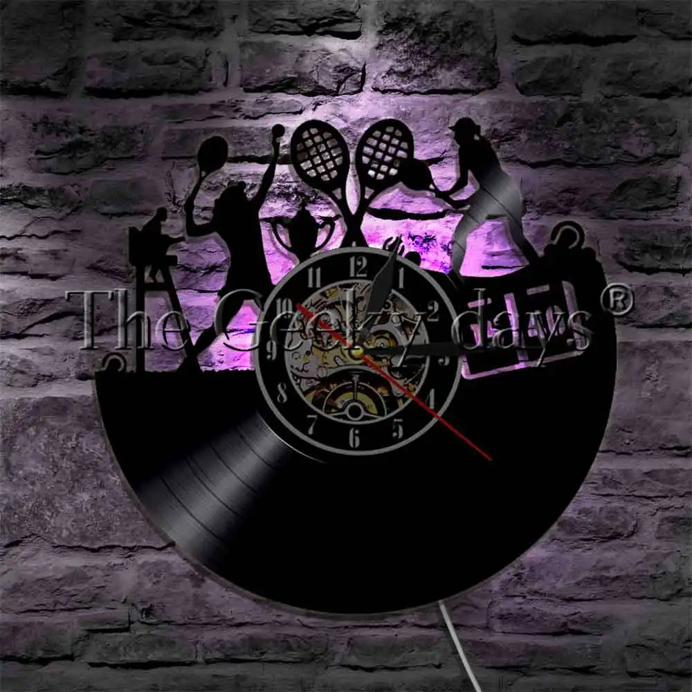 

Female Tennis Player Silhouette Vinyl Record Wall Clock With LED Backlight Tennis Game Racket Court Ball LED Night Light