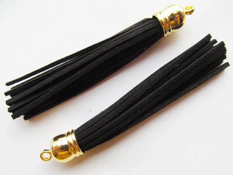Free Shipping 100Pcs 90mm Black Suede Leather Jewelry Tassel For Key Chains/ Cellphone Charms Top Plated End Caps Cord Tip