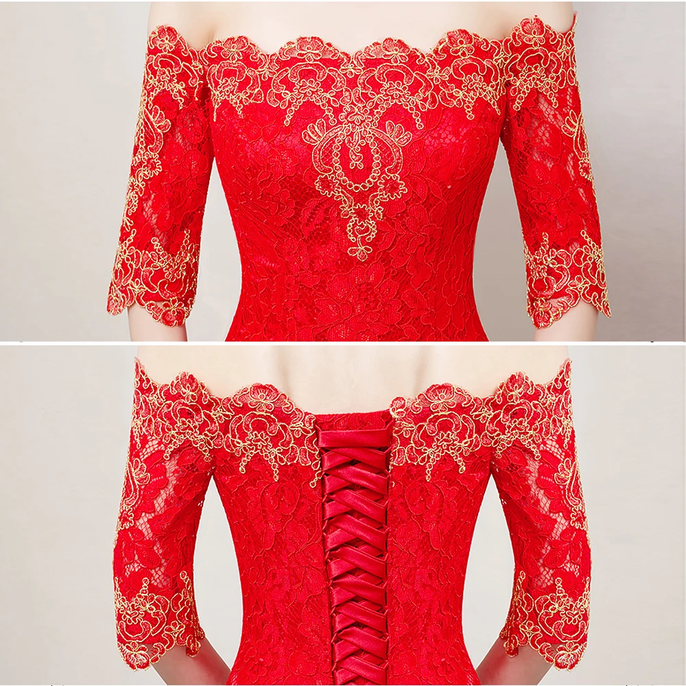 Robe de bal de forme sirène rouge en dentelle dorée, longue, demi-manches, bon marché, offre spéciale