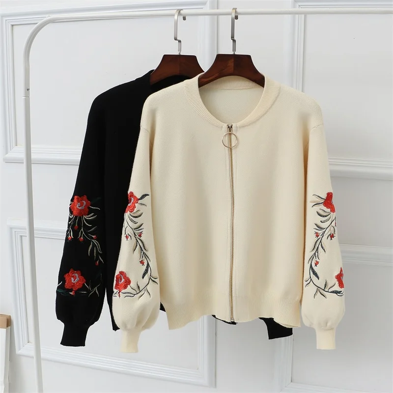 

OHCLOTHING The new spring autumn Rose embroidery S/L size women embroidered sweater long sleeve zipper cardigan coat F1761