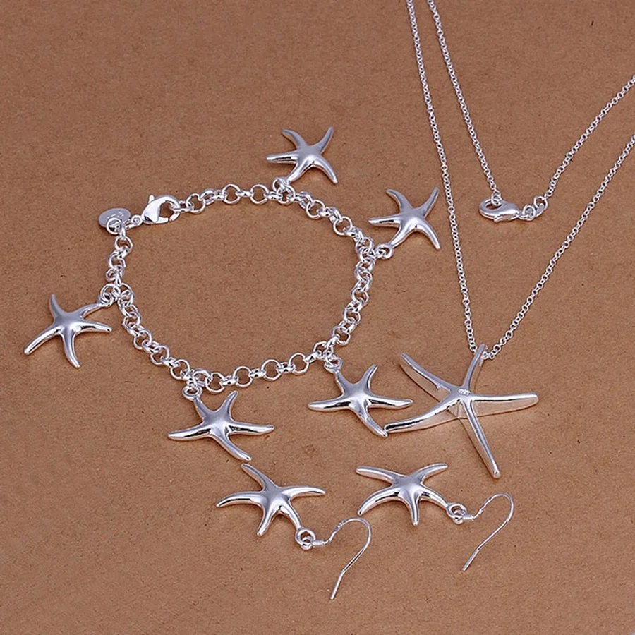 Silver color jewelry sets Women lady party jewelry Starfish pendant necklace bracelets Earrings fashion wedding cute gifts S124